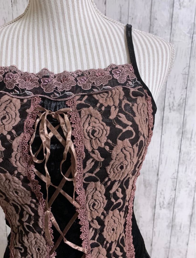 フェアリーグランジ レース リボン フリル ローズ ベロアキャミソールY2K古着