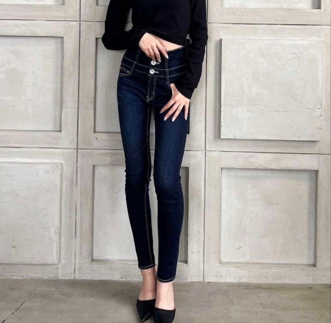 GYDA ハイウエストバッククロススキニーデニムパンツ インディゴブルー