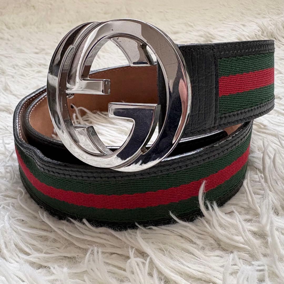 良品　GUCCI　グッチ　インターロッキングベルト　シェリーライン　114984