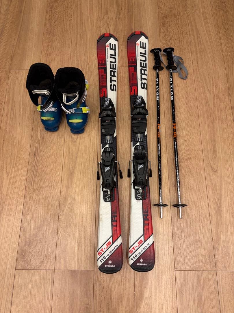 子供用スキー、ブーツ、ビンディング、ストックセット