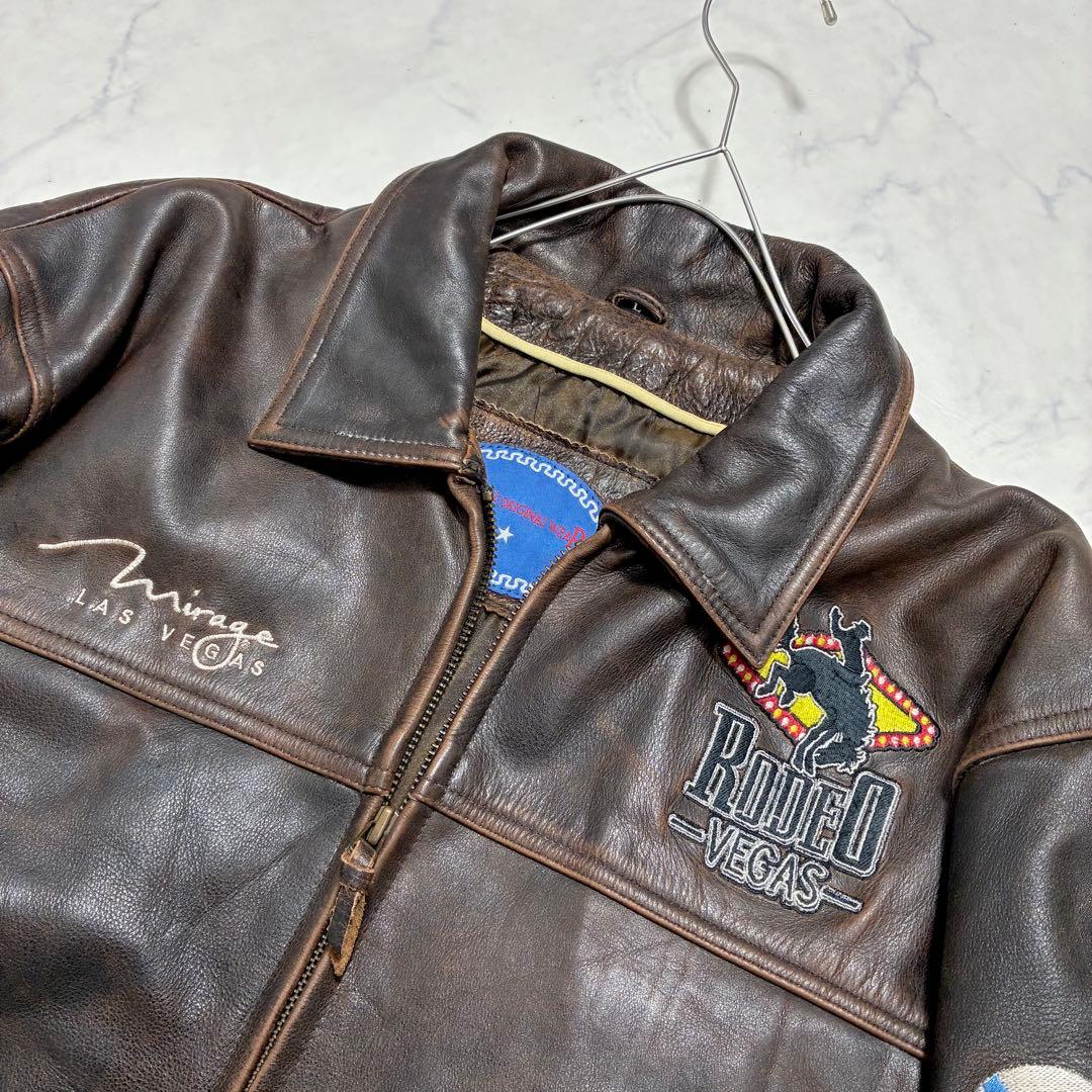 激シブ✨VINTAGE レザージャケット ライダース ワッペン ブラウン L