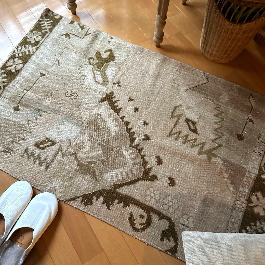 71×124ウール　ベージュ×ブラウン　パッチワーク　トルコヴィンテージラグ