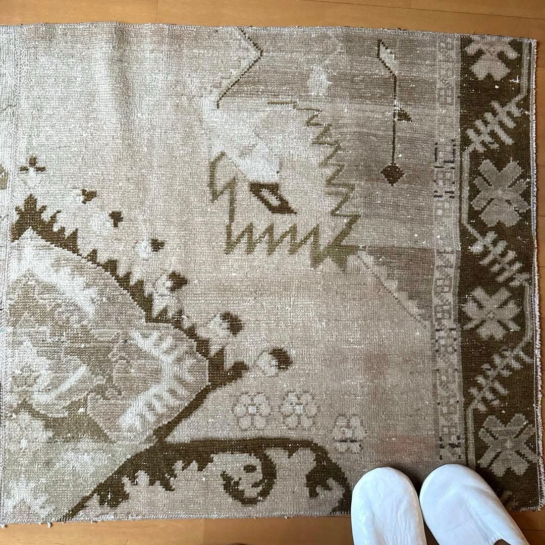 71×124ウール　ベージュ×ブラウン　パッチワーク　トルコヴィンテージラグ