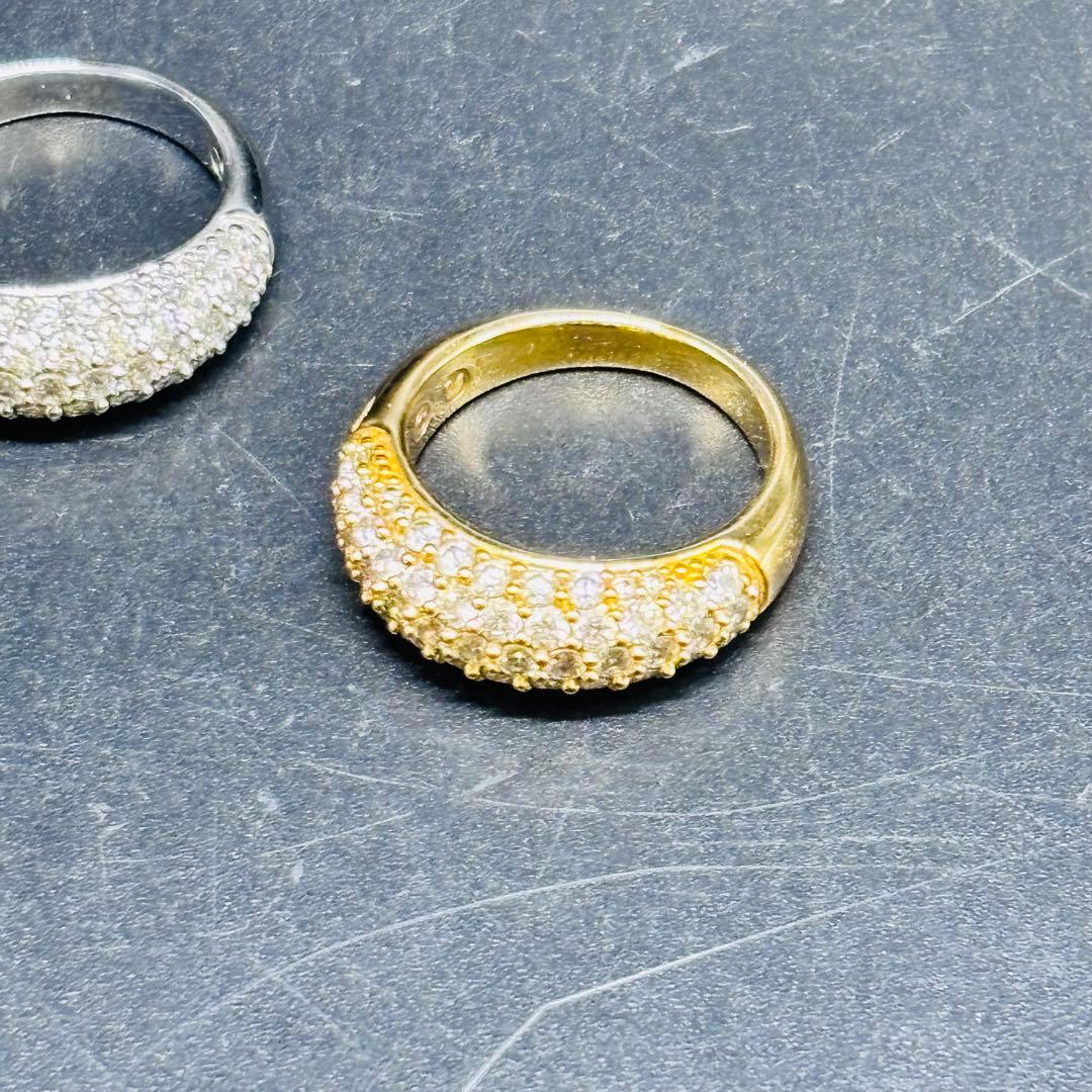 スワロフスキー ハーフパヴェ リング ゴールド シルバー 2点セット 55号