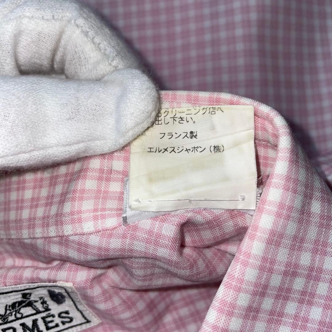 エルメス ギンガムチェック シャツ 33-15½ 仏製 シミあり