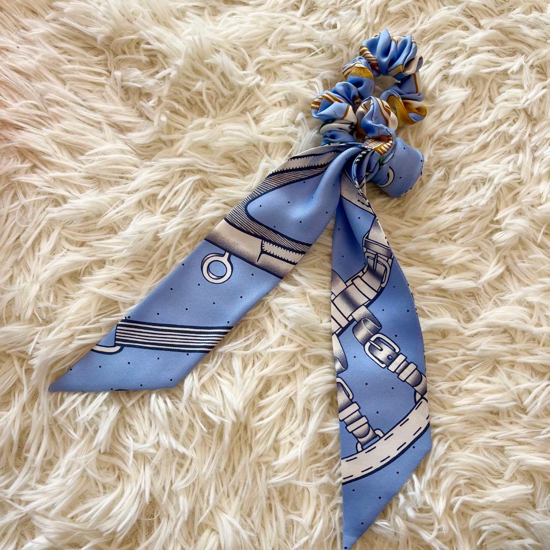 未使用級✨HERMES　エルメス　プリントシルクツイルヘアシュシュ　ライトブルー