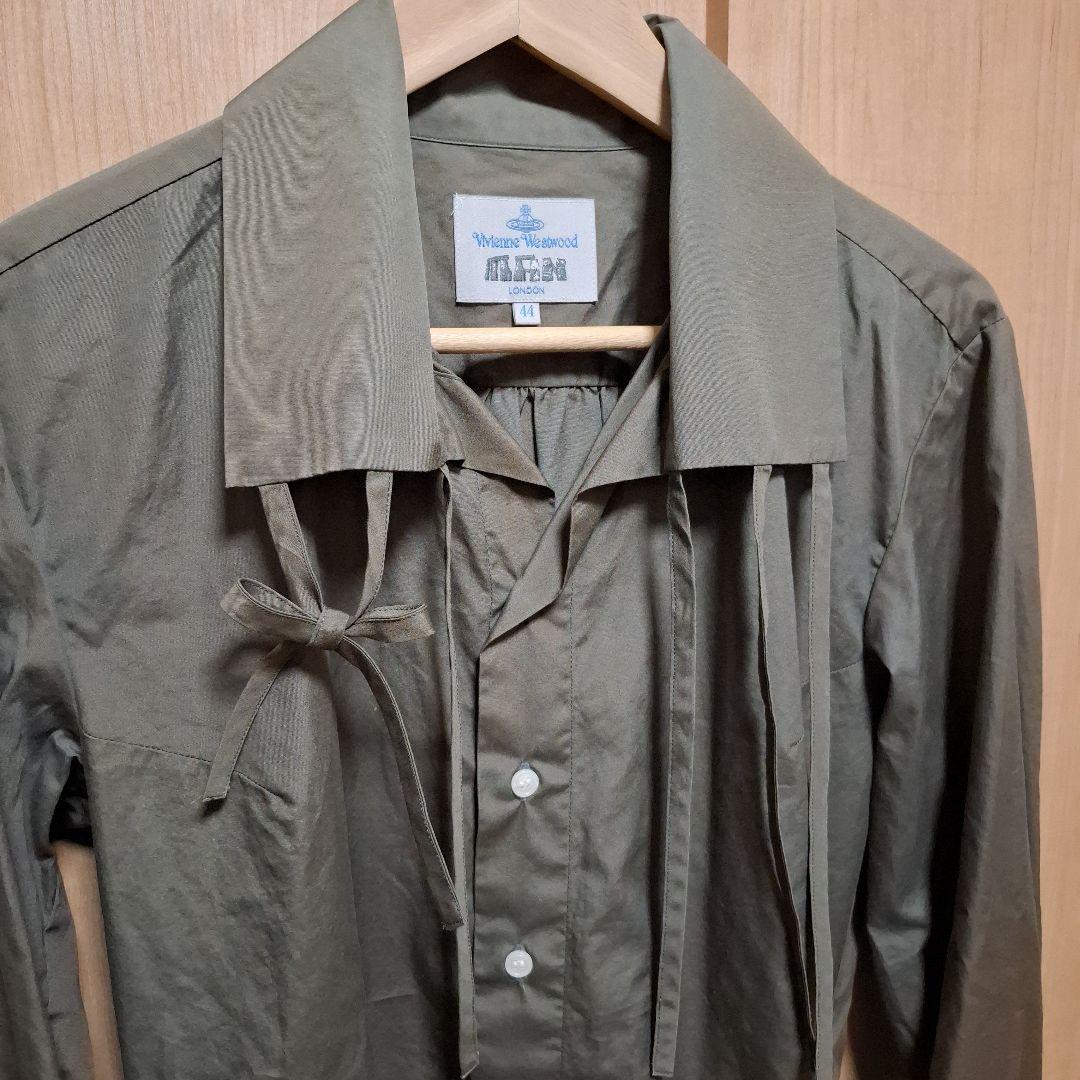 ヴィヴィアンウエストウッドマン　リボン　長袖シャツ　グリーン　44　フリルシャツ