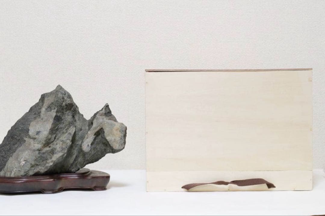 福岡県　千仏石　紫檀台座、箱付き　鑑賞用石　水石　天然石