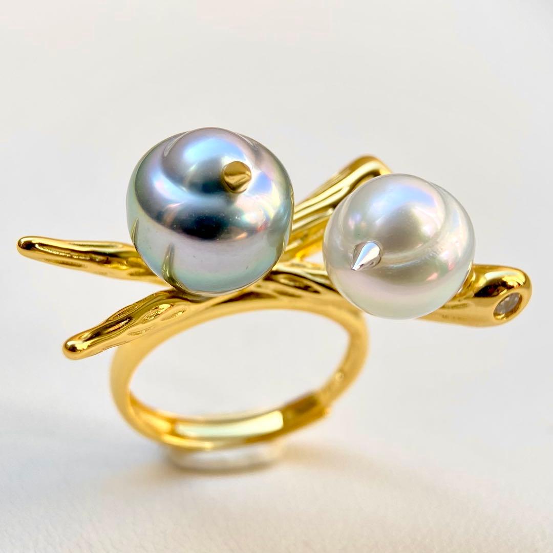 本真珠南洋黒蝶と白蝶真珠オーシャンブルーとブルー無調「鳥と枝」リングY1028