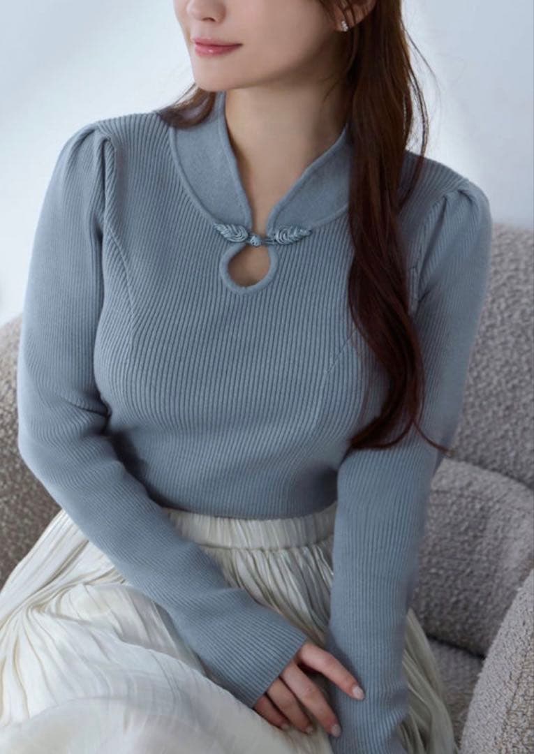 overE オーバーイー チャイナパネルニット スモーキーブルー 96