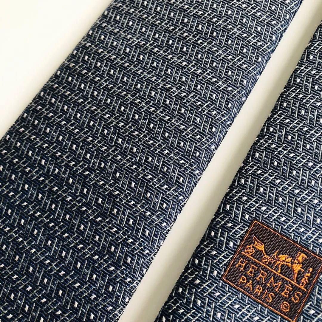 HERMES ネクタイ 紋章柄 ブルーグレー