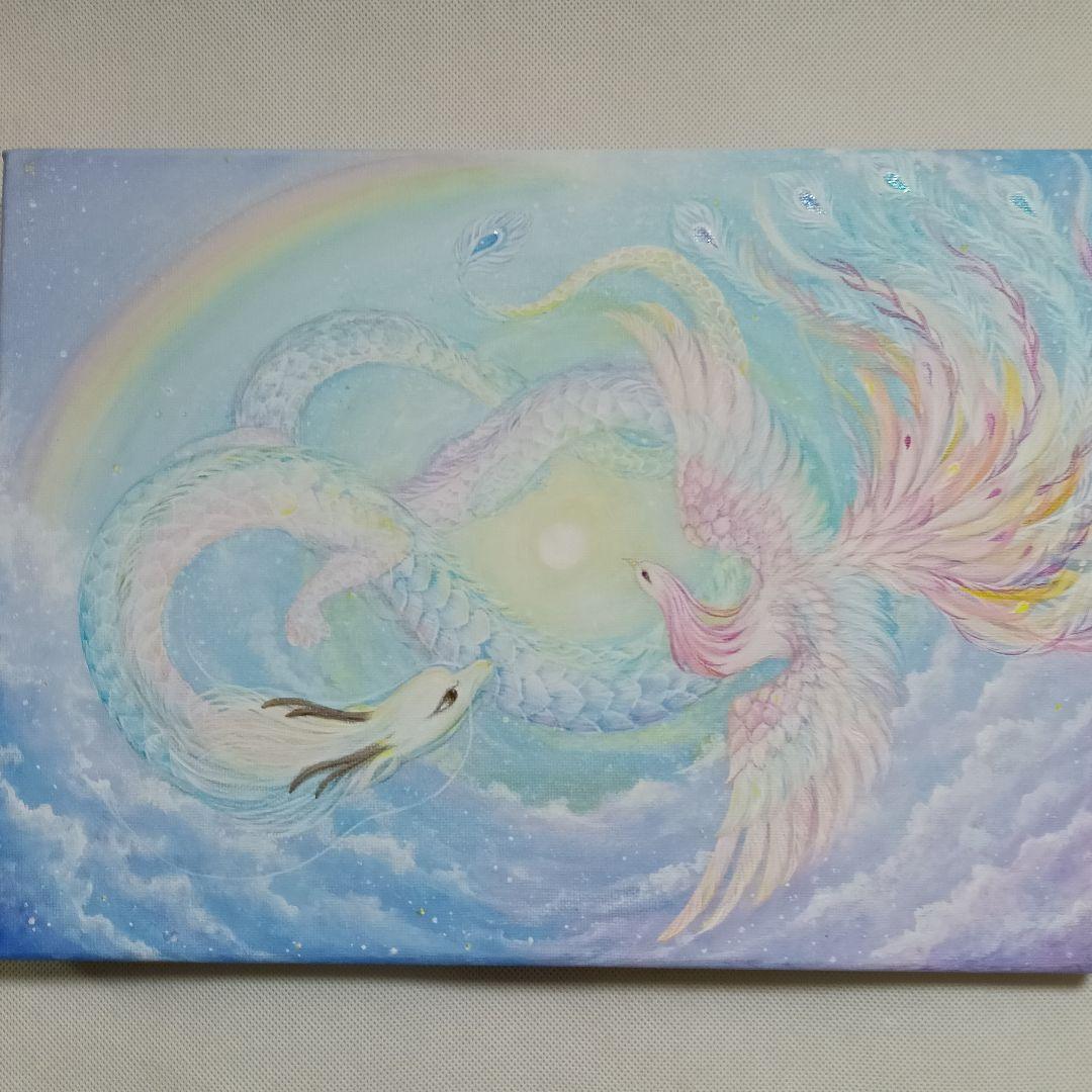 No.510　F4キャンバス　原画　 鳳凰と龍　　　アクリル画　開運絵画