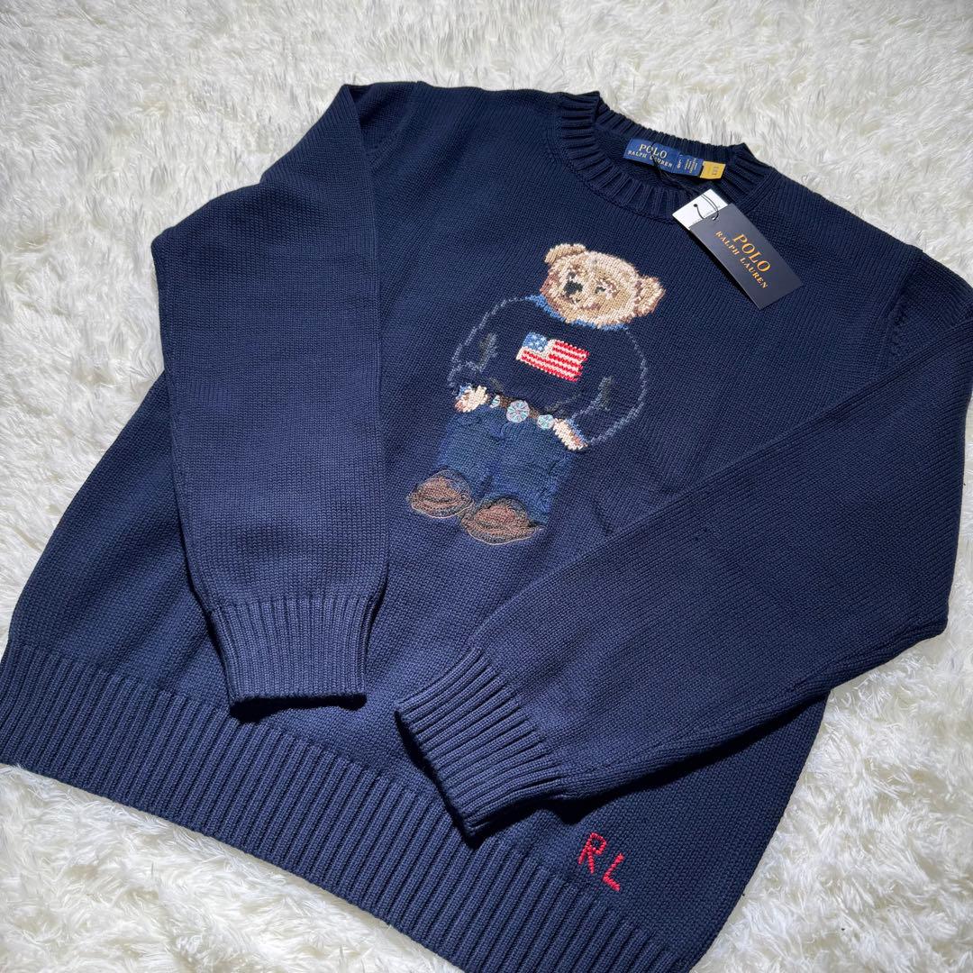 サイズL ポロベア ニット セーター ネイビー 国旗柄 メンズ レディース