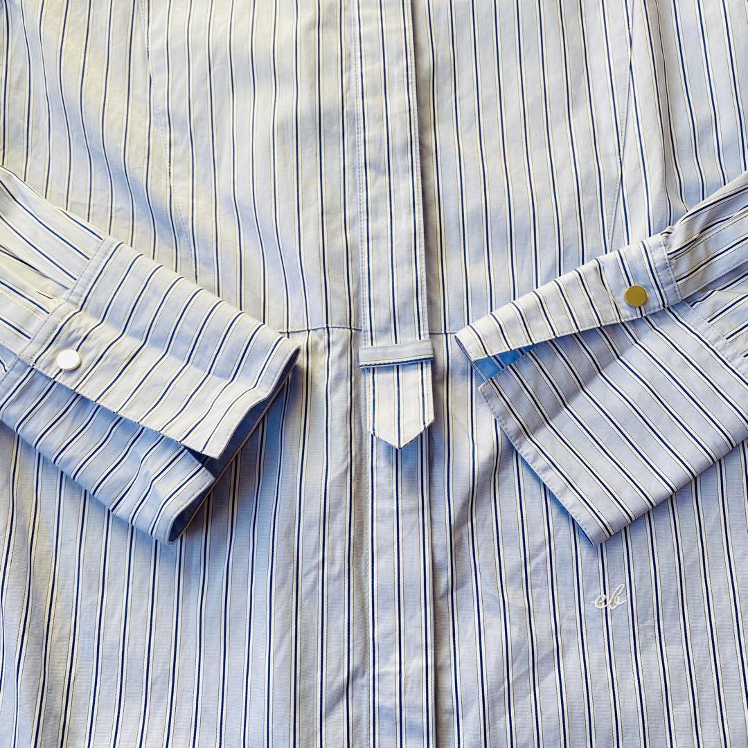 【美品】ebure　エブール　ストライプ長袖シャツ　バンドカラー　ロゴ刺繍