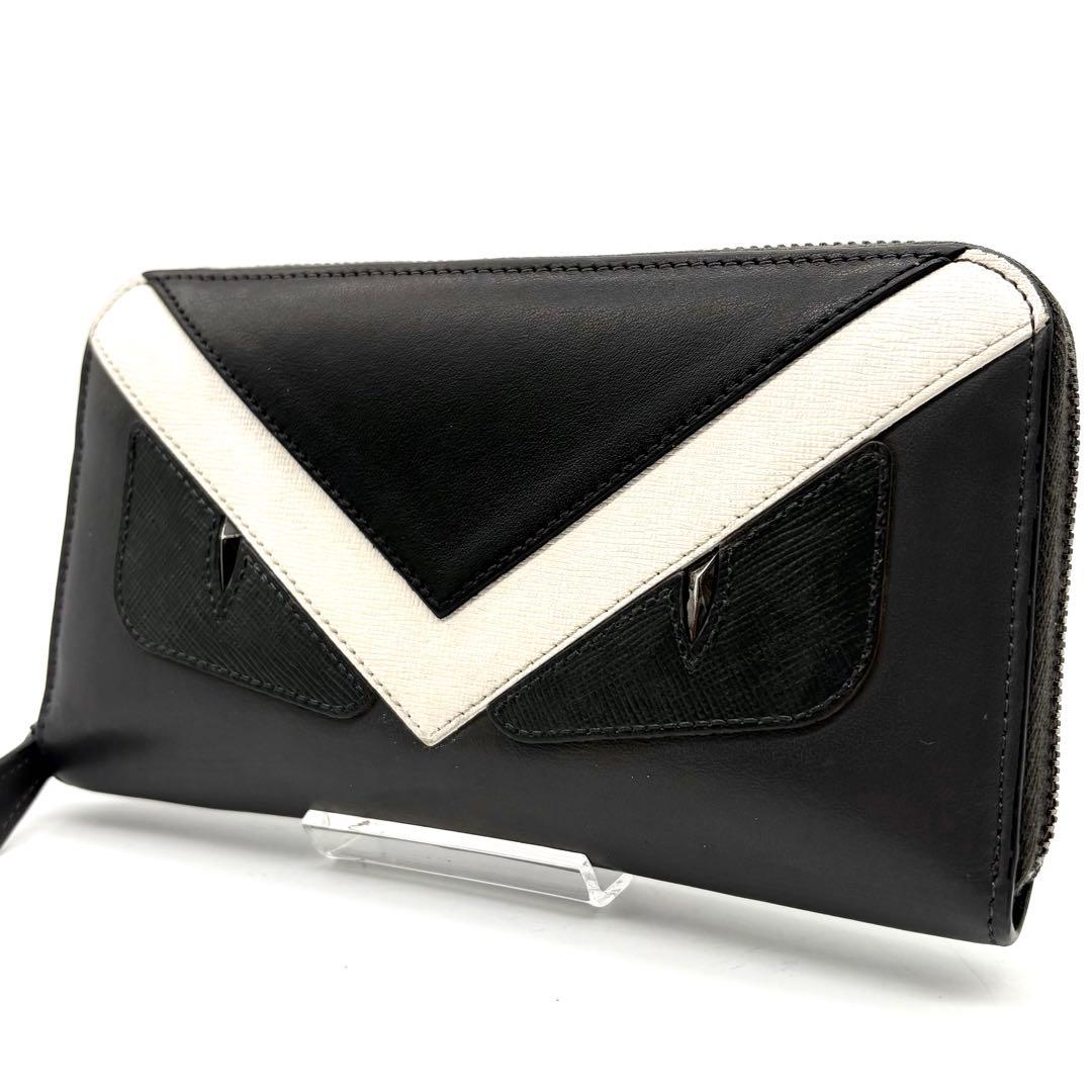 【美品】フェンディ 長財布 ラウンドジップ バグズアイ モンスター グレー